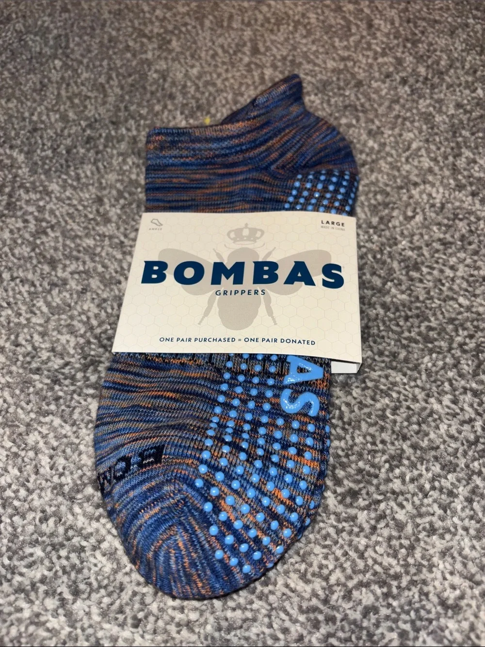 Bombas women’s Gripper No-Show Socks Blue/ Orange Marled size large(women’s 6-9)